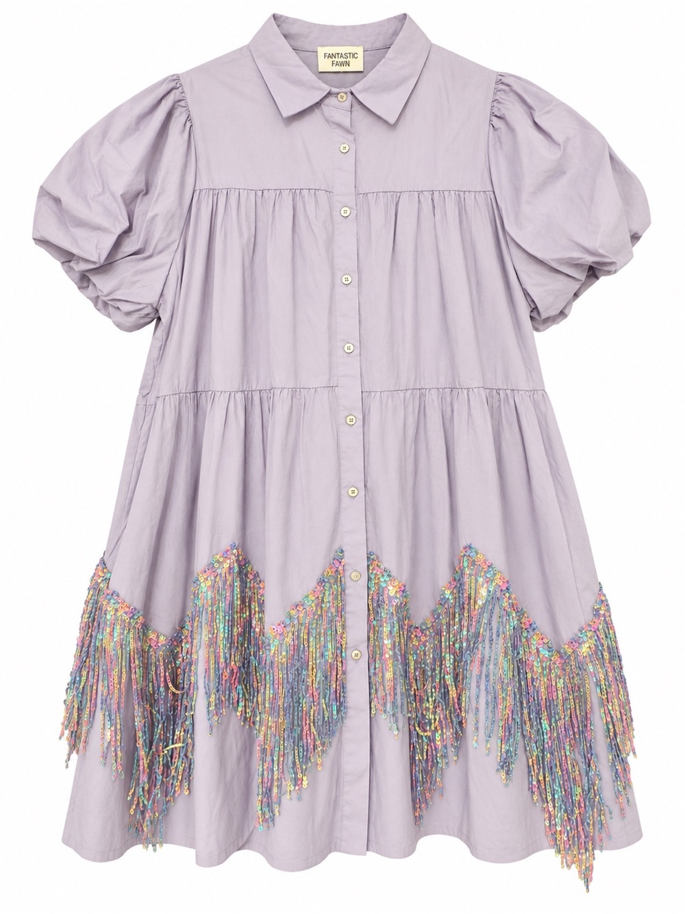 Fantastic Fawn Lavender Purple Puff Sleeve Button Front Sequin Fringe Dress L